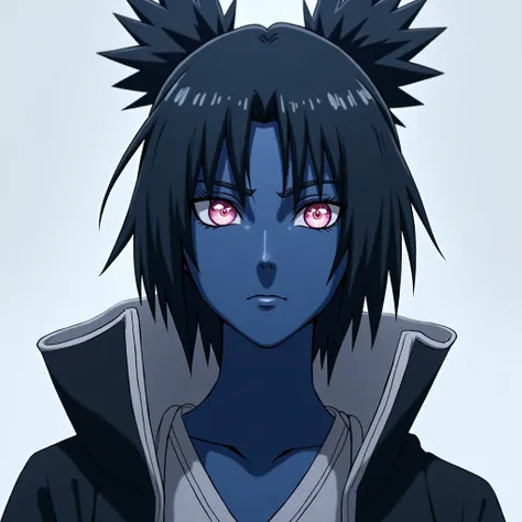 Anime, only Naruto,anime(female Sasuke,Uchiha in black skin color) (blue color, eyes shining on) Sasuke Uchiha female outfit black color(in white detail design trim)Silver Hair, Hair Two Side Up, 