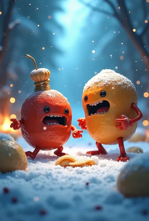 Epic battle scene between anthropomorphic meatballs and dumplings in a frosty freezer environment, cartoon style, food warriors with tiny arms and legs, dramatic lighting, professional book cover design --ar 2:3