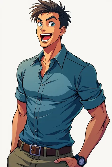 Generate a anime image , a man side view , man look like smile and excited  and he has hunter eyes , wear blue shirt and cargo panits 