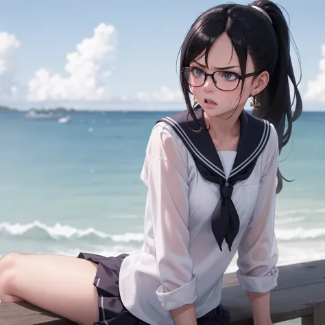 masterpiece, top quality, earrings, , sailor uniform, black hair, small breasts, girl, upper body, hot, sweating, sitting, ponyt...