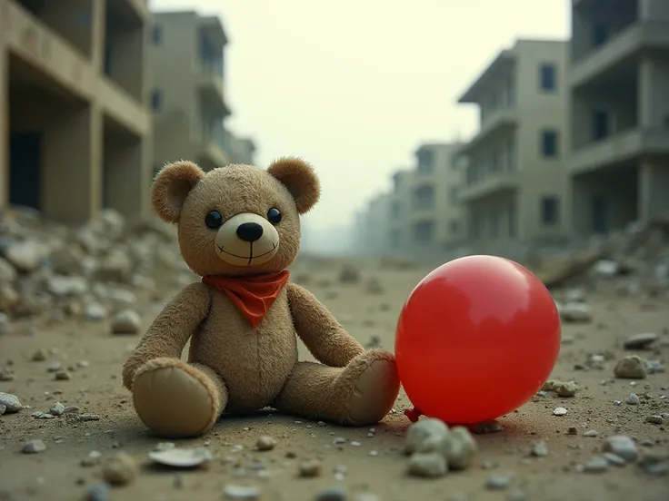 Pakistan War destroyed city, A Dirty little bear doll and a red balloon,Desolation,high resolution, photography, taken with a 60mm lens, ISO 300, f/ 4, 1/ 200th,soft shadows, high contrast, clean sharp focus, film photography, award-winning