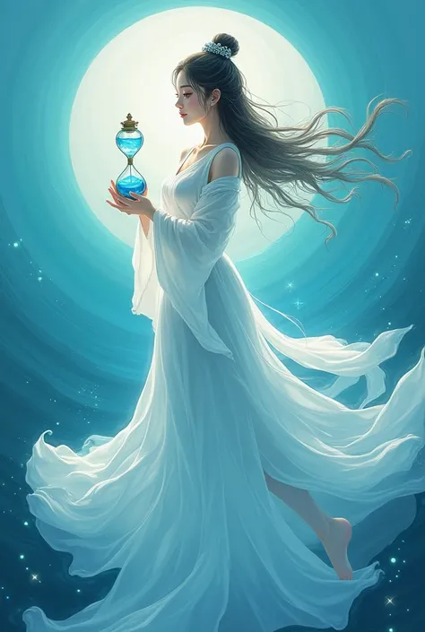  Draw Princess Bari from Korean mythology she is on the oceans howbin in her hands, gently by the bottom, the girl holds a Korean transparent hourglass-shaped vessel with the water of immortality glowing and flowing upwards. Her clothes are sky-white hanbo...