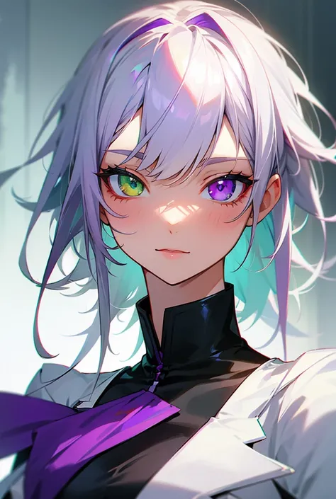 Heterochromia green, purple, 1 doy, White hair,