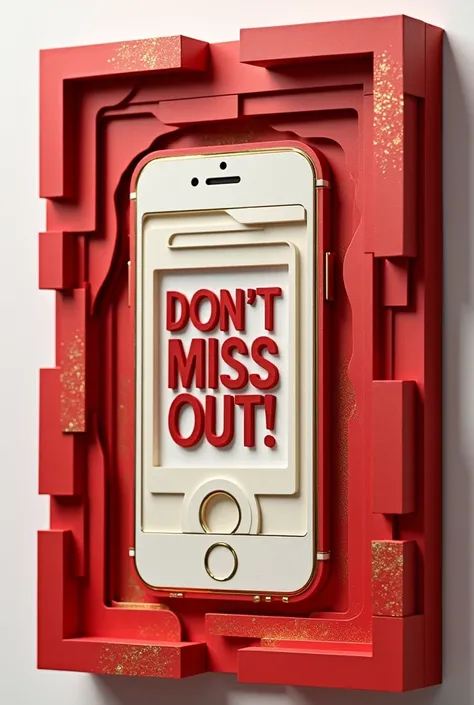 "A rectangular pop-up frame with cascading rectangular layers of red, white, and gold art carton, arranged in an overlapping pattern to create a sense of depth. The smartphone is displayed at the center, surrounded by bold, festive text Don’t Miss Out! in ...