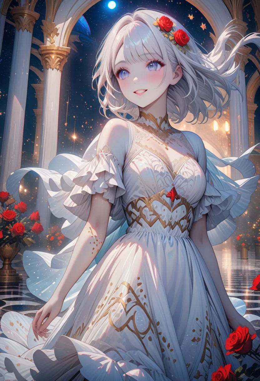 snow white girl , smiles,  white hair, white eyes, white skin, white dress,  red rose in her hair, beautiful, bow on the arm ,  ...