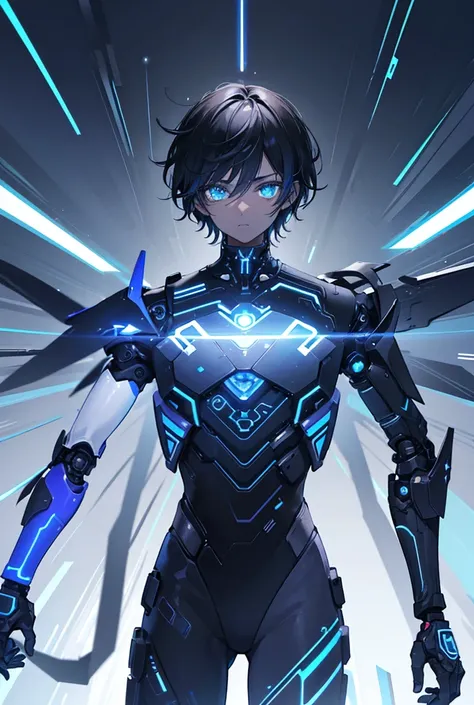 1boy, standing portrait, Central Focus, Centered, Fully in-frame, Solo, Standing still, zoomed out

Gender: Male

Appearance: dark-skinned cyborg technological engineer boy with black curly hair and synthetic cyborg parts, his right eye has a blue glow, we...