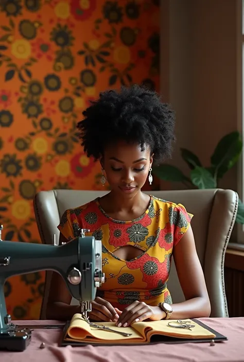 A beautiful fashion designer,sitting on  a luxury chair, sewing on the table, there is a industrial machine a tap and scissor beside the table,with ankara designs on wall, and her brand name, boldly on the wall hellen stephen fashion home.