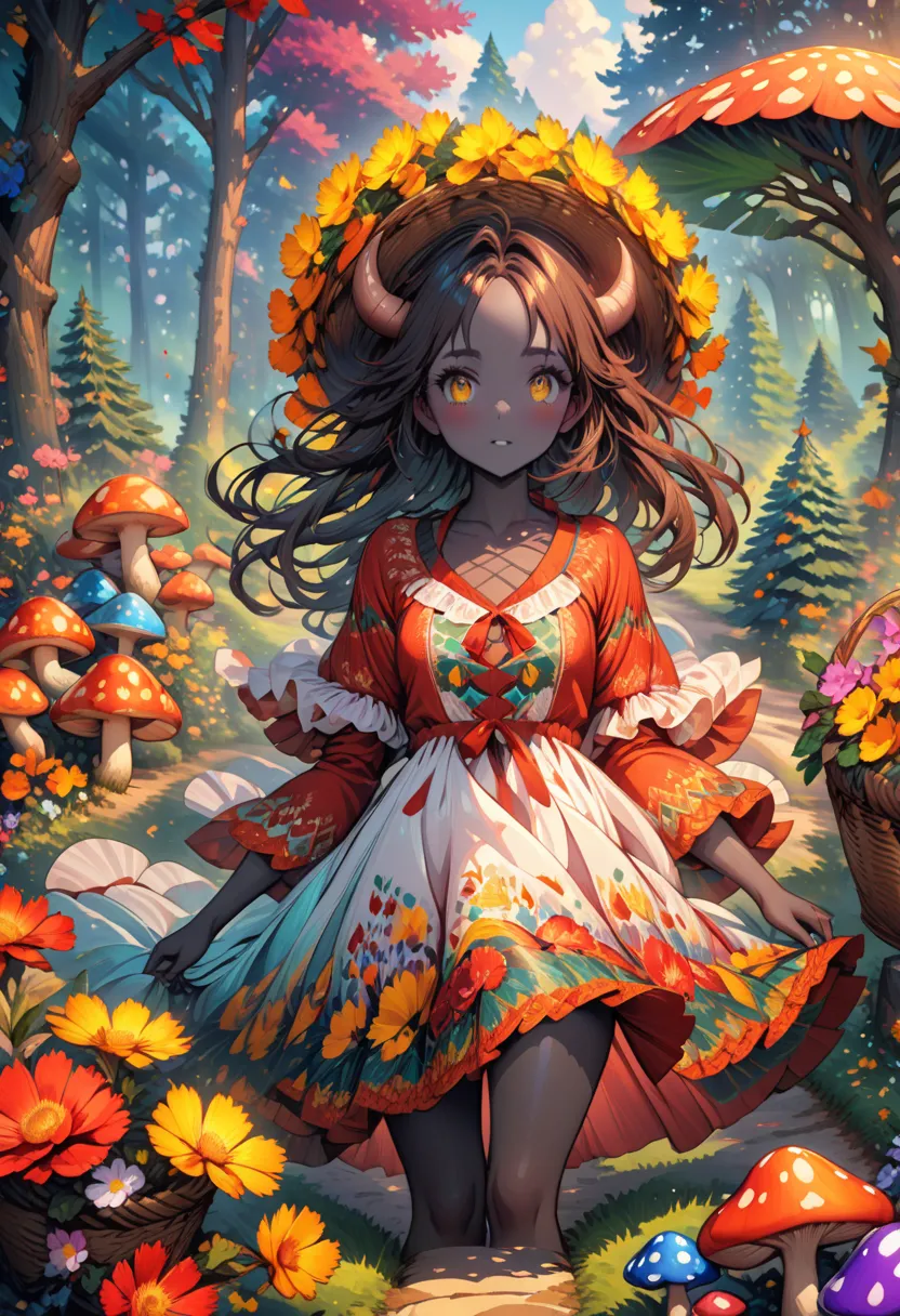 anime, beautiful, girl,  The Devil with Horns ,  cute little horns are twisted, Закручены,  Black skin color ,  The dress is a lot of puff ,  Curvy hair ,  Beautiful Big yellow eyes,  in hand a basket of flowers ,  ulybka,  Background Summer Forest Day , M...