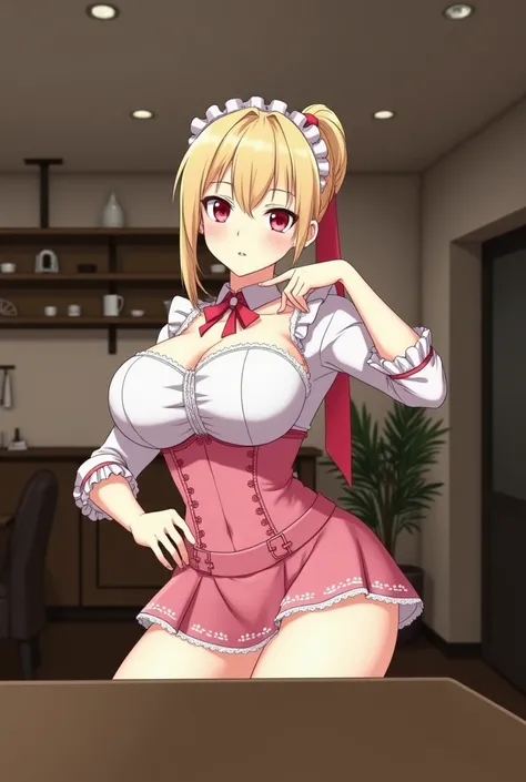 Pretty 25-year-old adult girl with blonde hair tied with a ponytail and red eyes with big breasts making a sexy maid outfit with pink skirt and pink tie in the background of an empty coffee shop (hentai anime version ).