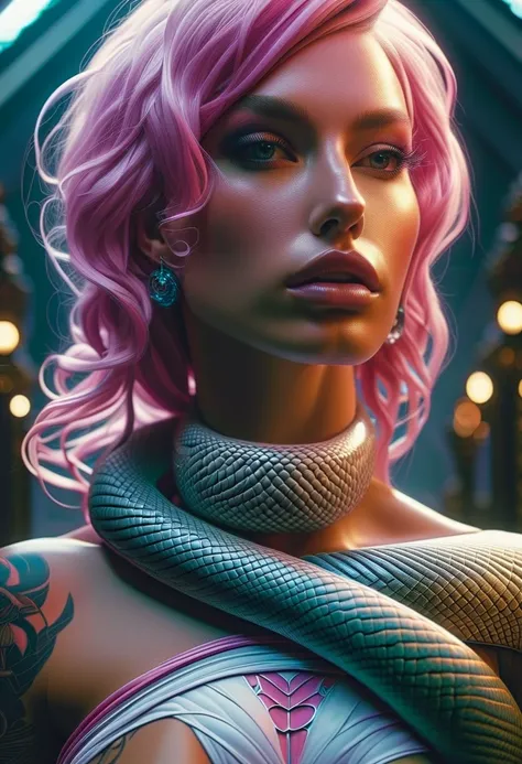 Cyberpunk l close up pink haired female with a white anaconda around her neck, portrait, clear sharp focus, featuring a dark and eerie atmosphere hyper realistic, 8K professional photography art, photorealistic masterpiece: by aaron horkey and jeremy mann:...