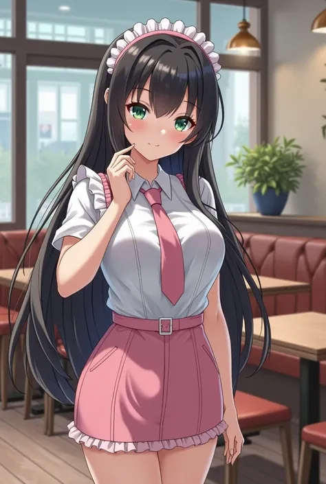 Pretty 25-year-old adult girl with long black hair and green eyes Esmeralda with big breasts making a sexy maid costume with pink skirt and pink tie in the background of an empty coffee shop (hentai anime version ).