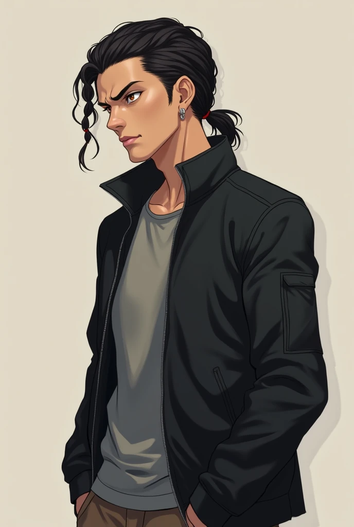 Generate a anime image , a man side view , man look like think deeply and he has hunter eyes , 
 masai hair and brown shine eyes, wear grey shirt and black jacket and cargo panits 