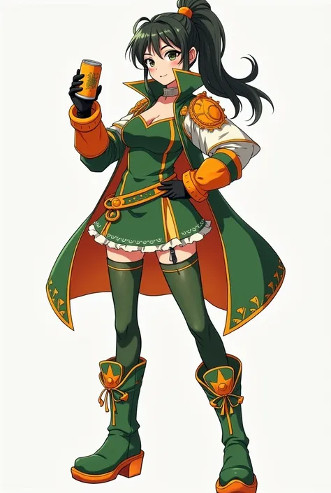 Create me a full body women warrior character in green, orange and white costume with a cute pose holding a can beverage with her right hand in a 45 degree far from her face waring boots. like in genshin impact character