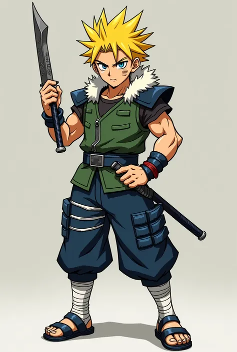 The blended character combines features from both figures above. He has spiky, bright yellow hair with a slightly wilder look, merging the hairstyles of both characters. His face bears a stern expression with a faint scar running across his left cheek, add...