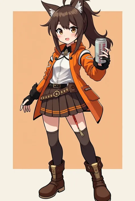 Create me a full body women warrior like in genshin impact character in chocolate, orange and white costume with a cute pose holding a can beverage with her right hand in a 45 degree far from her face waring boots.