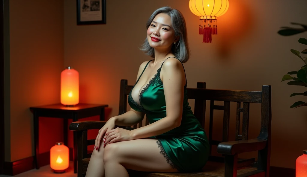 A curvy chubby mature big enhanced bust Chinese model with sleek grey hair in her 60s in an bust revealing emerald green satin babydoll with a lace bodice and matching high heels poses seated on a traditional wooden bench. Her expression is relaxed, her ha...