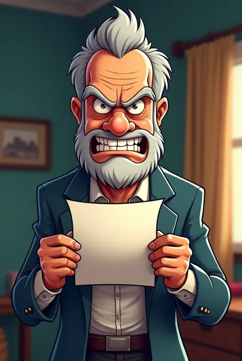 cartoon man father figure is holding paper in a room room strange expression dah angry