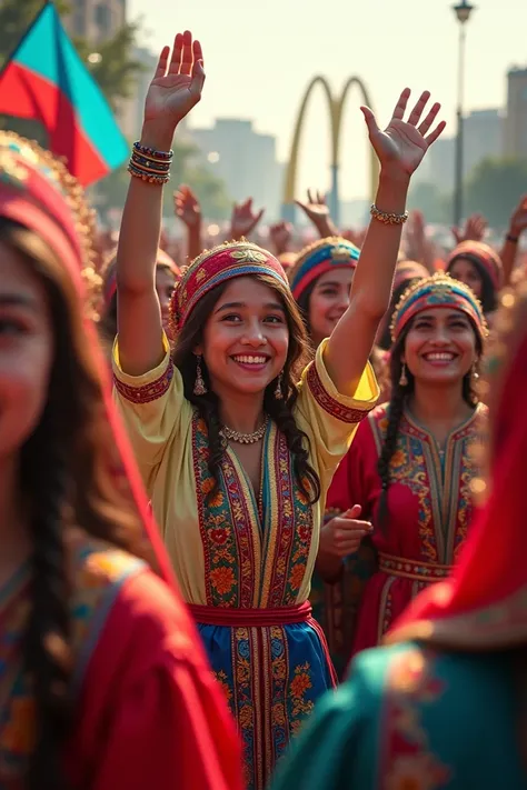 Happy Uzbeks in national clothes after the creation of new jobs after the opening of McDonalds 