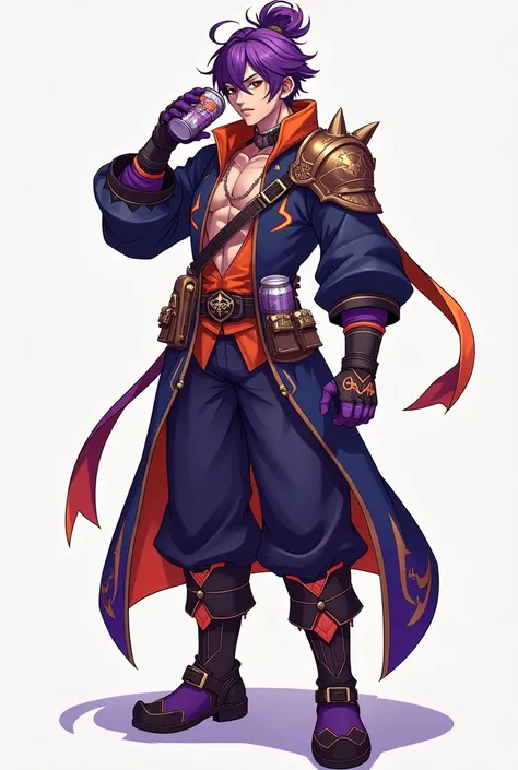 Create me a full body men warrior like in genshin impact character in purple, navy and orange gradient color costume with a cool pose holding a can beverage with his right hand in a 45 degree far from his face. waring boots