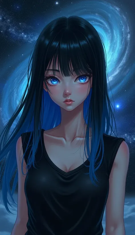 Black-haired girl with the tips painted in blue with strong blue eyes with a serious look in a black sleeveless t-shirt with a neckline in the universe 