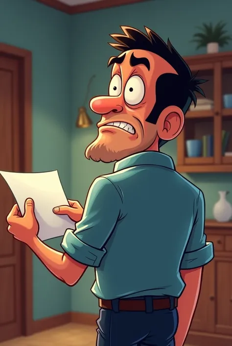 cartoon man father figure is holding paper in a room room strange expression dah angry (facing back)