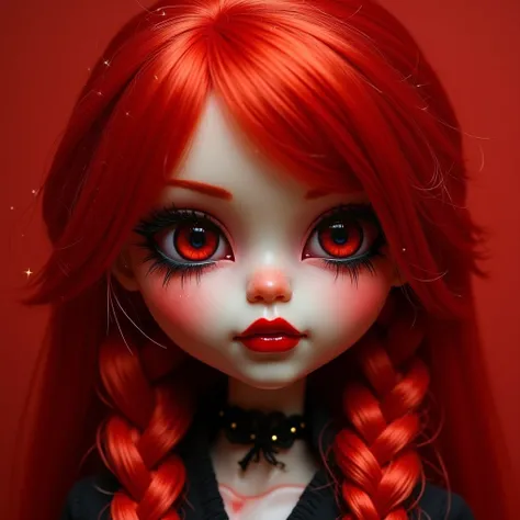 Close up of a redheaded woman with red lipstick, crimson hair and red eyes, red wig, punk doll, ball jointed doll, intricate long red braids, art doll, pale red, crimson fire head, red face, red magic surrounding her, red background, inspired by louis grel...