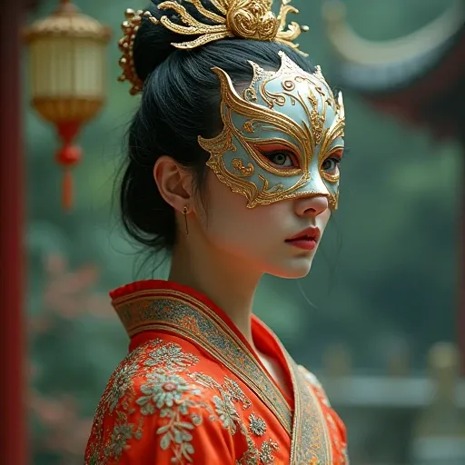 ผลงานชิ้นเอก, A female with a Chinese opera mask cover her face, wearing Chinese costume 