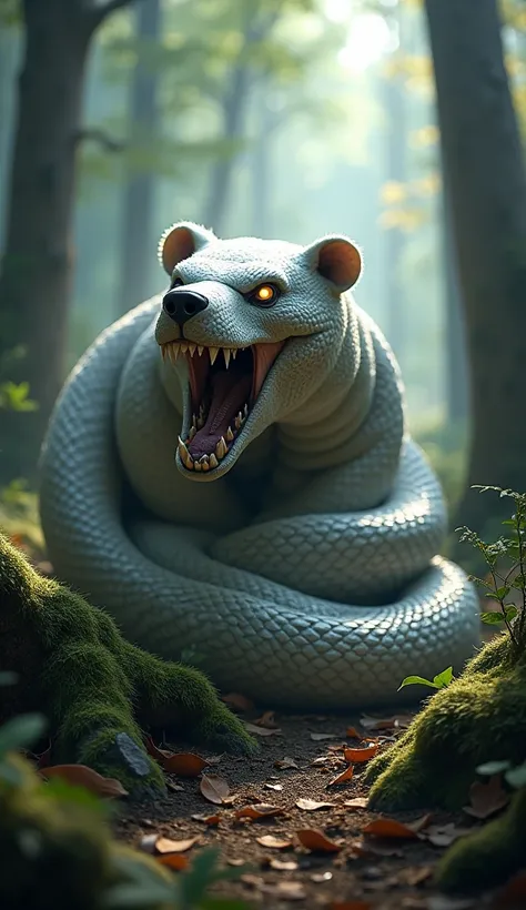 "A dangerous and realistic hybrid creature with a long, powerful body like a silver-white snake, coiled menacingly in a dense forest. Its face is distinctly bear-like, with sharp teeth, glowing eyes, and a ferocious expression. The hybrid’s scaled, serpent...