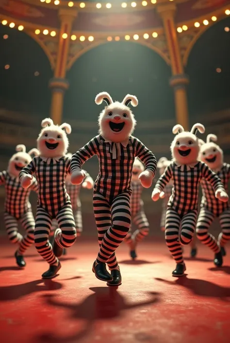 In the circular circus arena, 7 French memes in striped black and white clothes wearing white gloves dance 