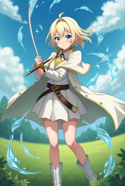 A beautiful 14-year-old swordswoman. Training with her sword. Uses water orbs. Serious and determined expression.  pale blond hair, seeds, At collarbone level.  bare forehead, Hair parting in the middle. blue eyes. Wears a white and gold medieval fantasy a...