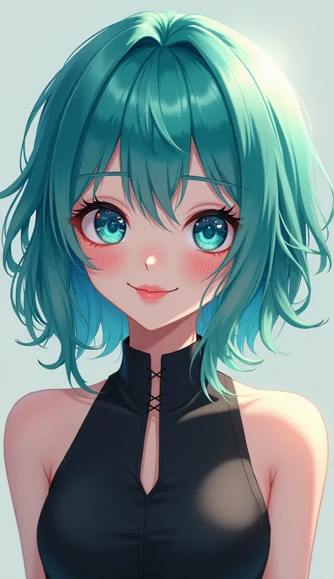 Turquoise-haired girl with folded eyes wearing sleeveless black shirt with neckline smiling 