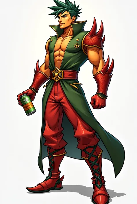 Create me a full body men warrior like in genshin impact character in a orange, green and red costume with a cool pose holding a can beverage with his right hand in a 45 degree far from his head. waring boots