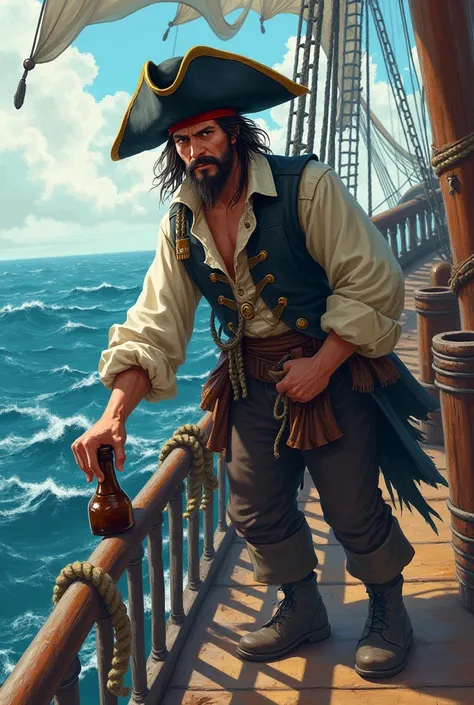 Create a lively  with brown eyes ,  sailor in a big pirate outfit, picking up a bottle from the sea from the ship 