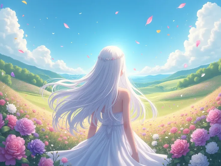 anime goddess with long white hair, standing in a flower field, back turned