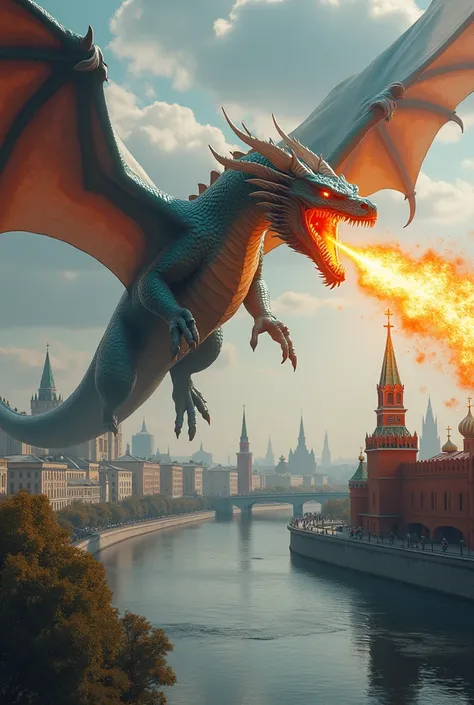  A flying dragon hovers over the Moscow River, a column of flame bursts out of his mouth 