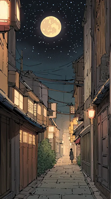 a street at night with a full moon in the sky, anime. by makoto shinkai, nightime village background, makoto shinkai and (cain kuga), style of makoto shinkai, by Makoto Shinkai, by makoto shinkai, anime scenery, anime atmospheric, in a japanese town at nig...