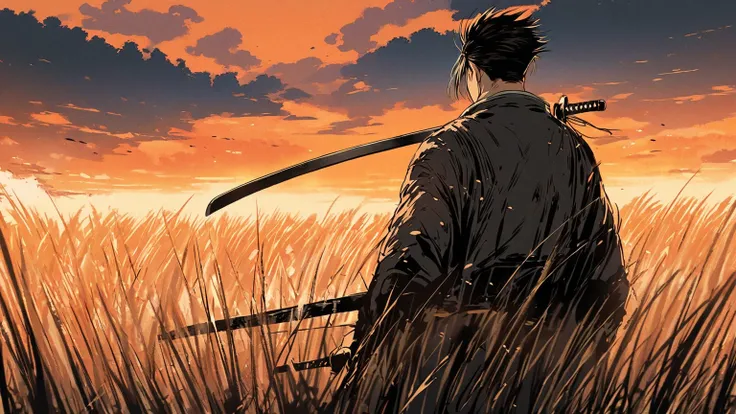 "Anime-style illustration of a lone samurai standing in a field of tall grass, with a katana drawn and ready. The samurai’s expression is calm and focused, despite the bloodied battlefields around him. The sky is an orange sunset, casting a warm glow over ...