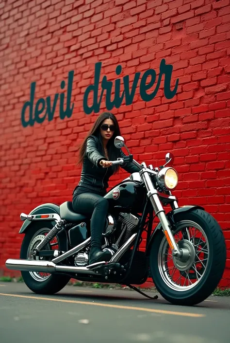  biker girl on a motorcycle in chrome against the background of a red brick wall ,  on the wall there is a beautifully painted inscription  "DEVIL DRIVER" ,  side view , general style retro poster 