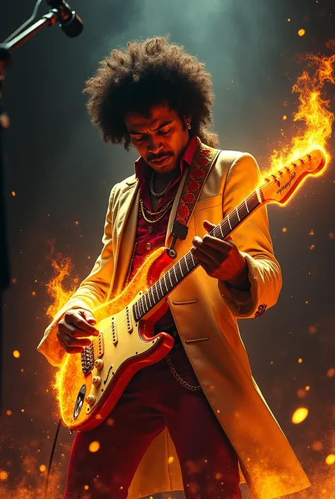 Jimi Hendrix with the guitar on fire