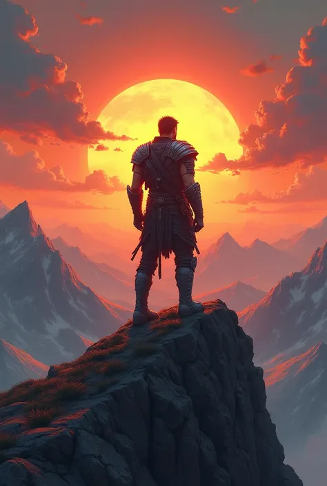 A digital painting of a determined warrior standing tall on a rugged mountain peak, gazing into the vast horizon. The warrior is clad in simple, worn-out armor, symbolizing humility and perseverance. The background features a rising sun, signifying hope an...