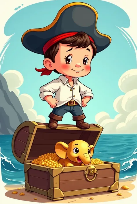  Disney classic cartoon style ,   vector image ,  , a little preschooler pirate in a white shirt and a cocked hat put one leg on an open pirate chest,  in which you can see a golden elephant . Marine background . 