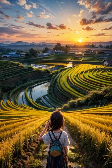 Rice field, peaceful rural landscape, terraced fields, sunset, sky and sea, autumn, rice ripening, a girl harvesting rice