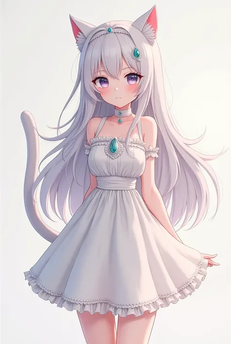 anime  girl with a cat tail and a white dress,  Renmei  ,  pixib, What is it?？, Lunar Themed Outfit, white cat  girl, nyaruko-san,  live2d virtual YouTuber model who has, render of a cute 3d anime  girl, nekomimi, white ( cat )  girl, Silver Eyes Full Body...