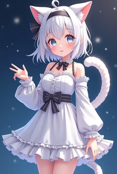 anime  girl with a cat tail and a white dress, Lunar Themed Outfit, white cat  girl, nyaruko-san,  live2d virtual YouTuber model who has, render of a cute 3d anime  girl, nekomimi, white ( cat )  girl, Silver Eyes Full Body , Anime Virtual YouTuber Full Bo...