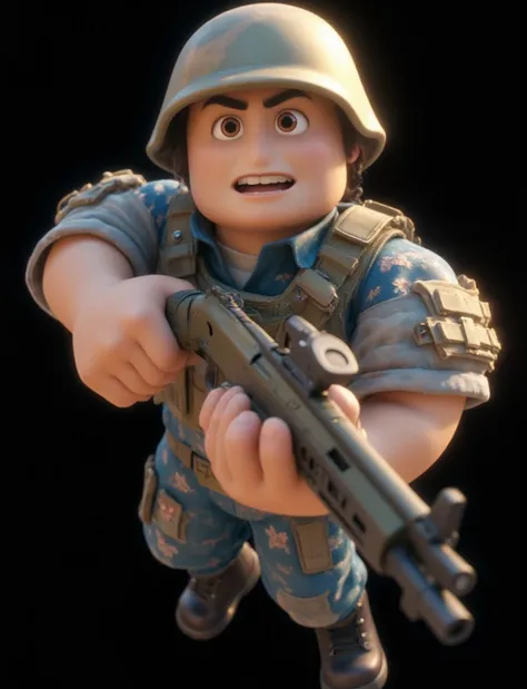 Create a square Roblox character in military clothing holding a gun