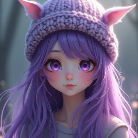 girl purple hair purple eyes knitted hat