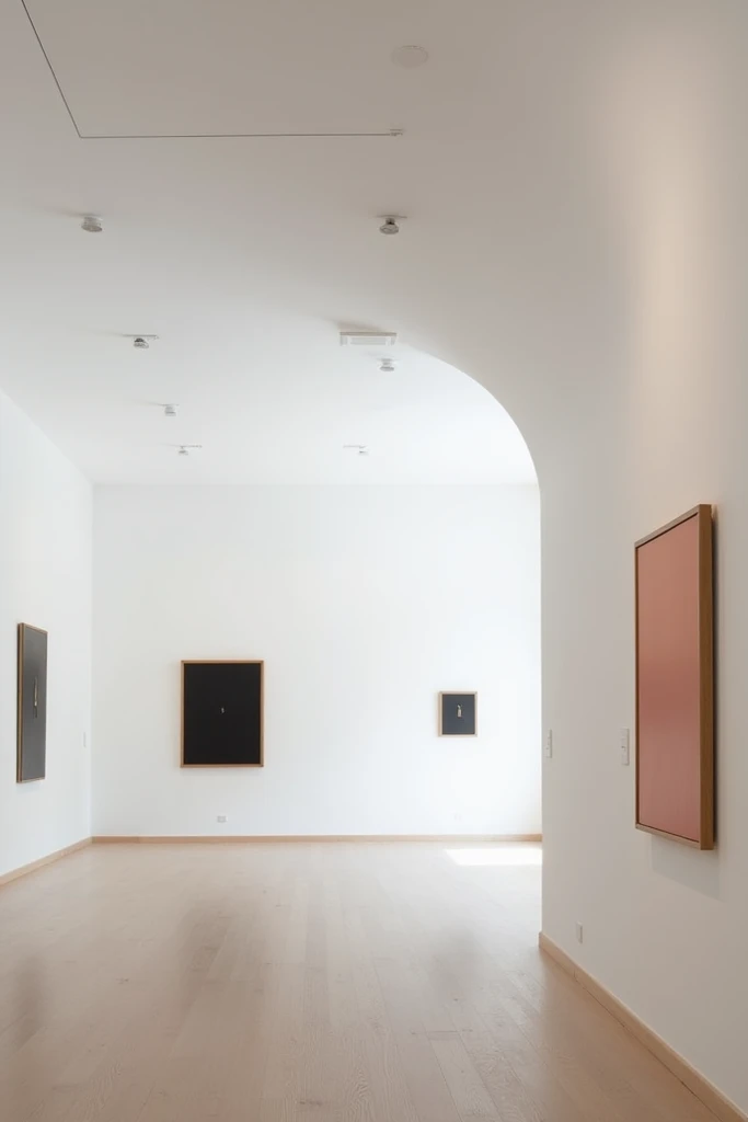 Minimalist art gallery seen from the inside with curved ceiling and paintings on the walls 