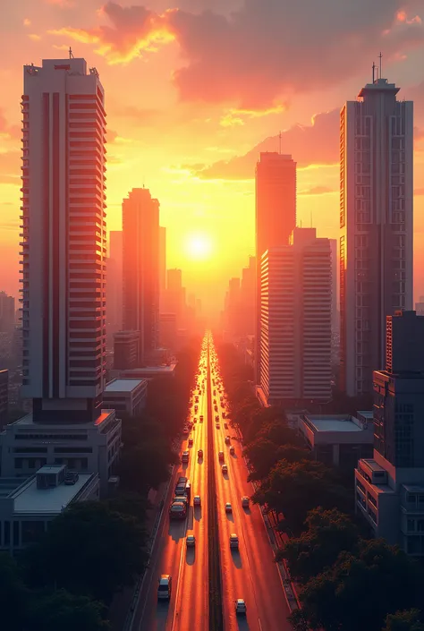 Modern Bandung cityscape at sunrise, symbolizing resilience, bright and inspiring tones, ultra-HD, detailed and realistic