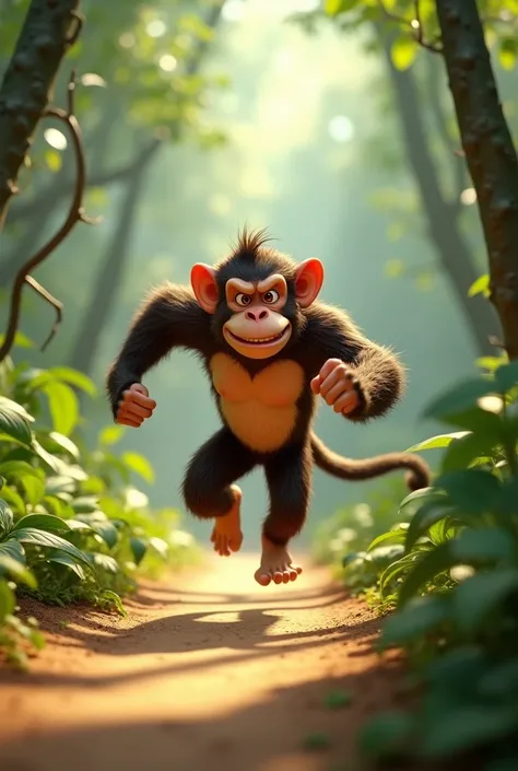 3D animation A playful big monkey is hopping on a jungle path.