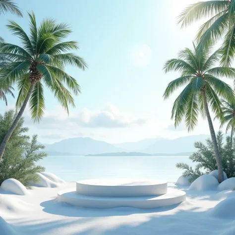 A winter with a snowy background, palm trees, and a podium for displaying products